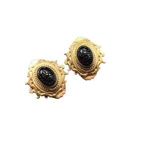 Victorian Egyptian Revival Earrings Clip On Black Scarab Cabochons Earrings